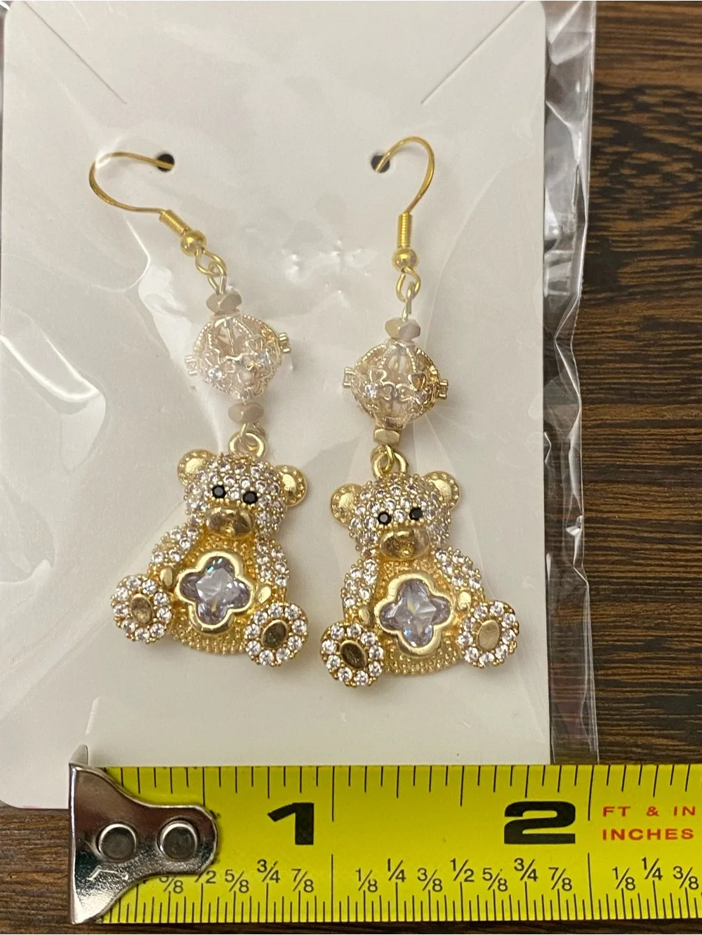 Jenny Leigh Rhinestone Gold Tone Teddy Bear Dangle Earrings NWT